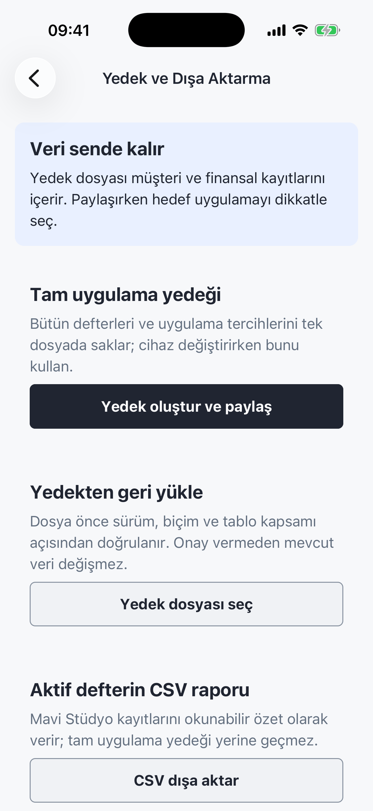 Easy Peasy yedek ve dışa aktarma ekranı
