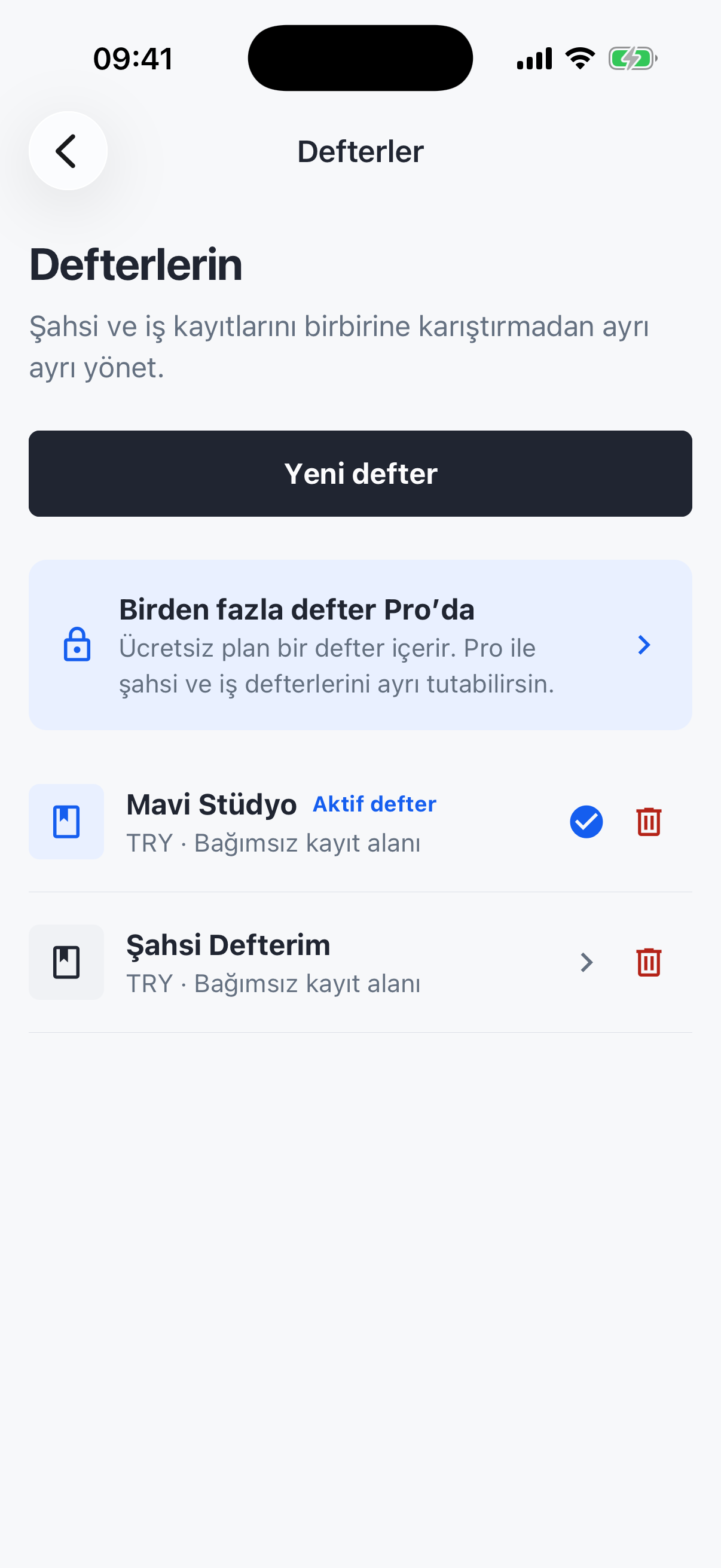Birden fazla bağımsız defterin yönetildiği Easy Peasy ekranı